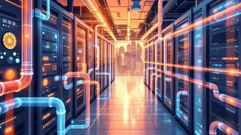 Modern data centre liquid cooling server racks urban asia pacific cityscape