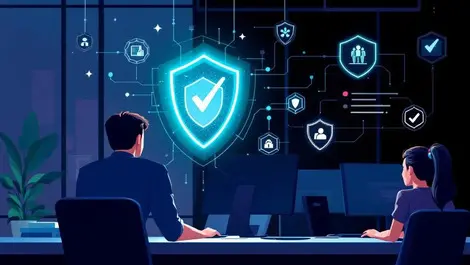 Professional office employees computers cybersecurity digital shields