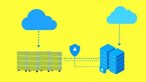 Secure data center servers connected to cloud icons kubernetes backup disaster recovery