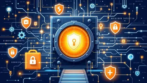 Strong secure vault surrounded by digital code shields cyber protection business continuity