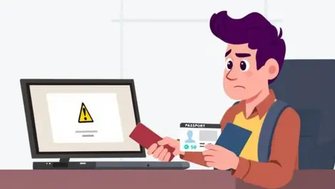 Worried traveler holding passport id computer warning symbol realistic