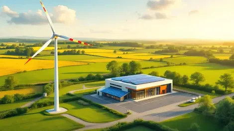 Small wind turbine solar panels electricity modern commercial building uk countryside