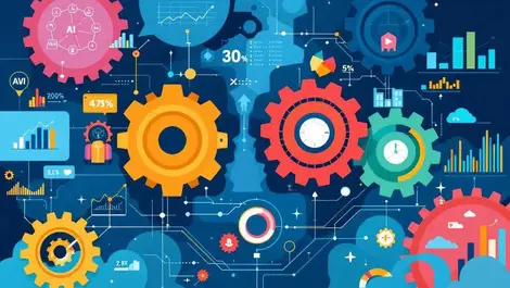 Interlocking human head gears connected to data charts ai driven workforce planning