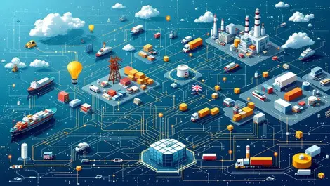 Detailed illustration complex supply chain ships trucks warehouses factories us uk tech integration