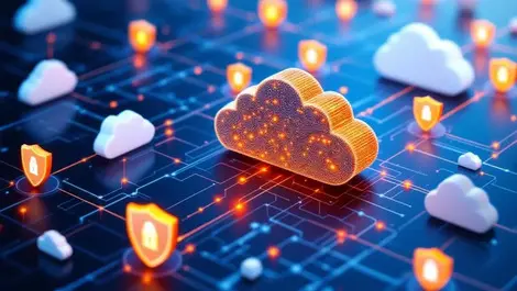 Interconnected cloud icons security shields network lines seamless protection
