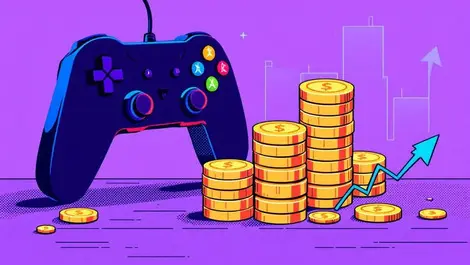 Game controller connected to coins and financial chart symbolizing gaming funding