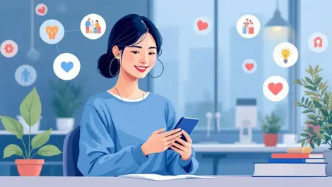 Asian woman smartphone supportive healthcare icons modern workplace wellbeing
