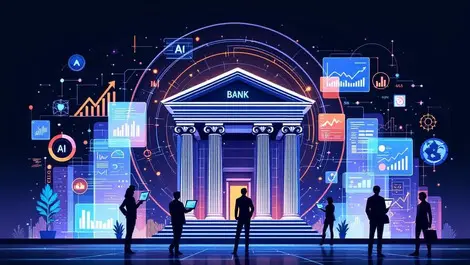 Modern bank building ai technology digital graphs business analytics