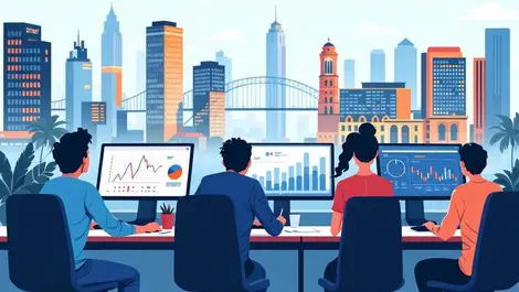 Young professionals working together computer graphs university sydney finance buildings