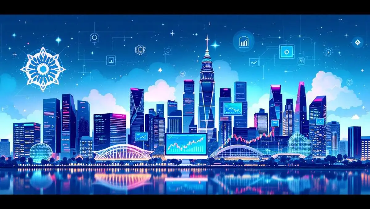 Singapore city skyline financial charts stock data ai neural networks chip icons