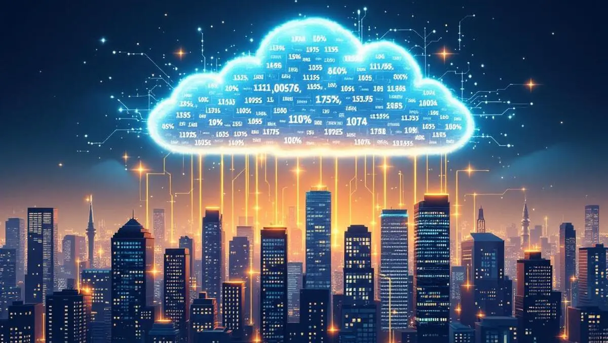 Cloud data streams numbers above financial institutions city skyline glowing lines