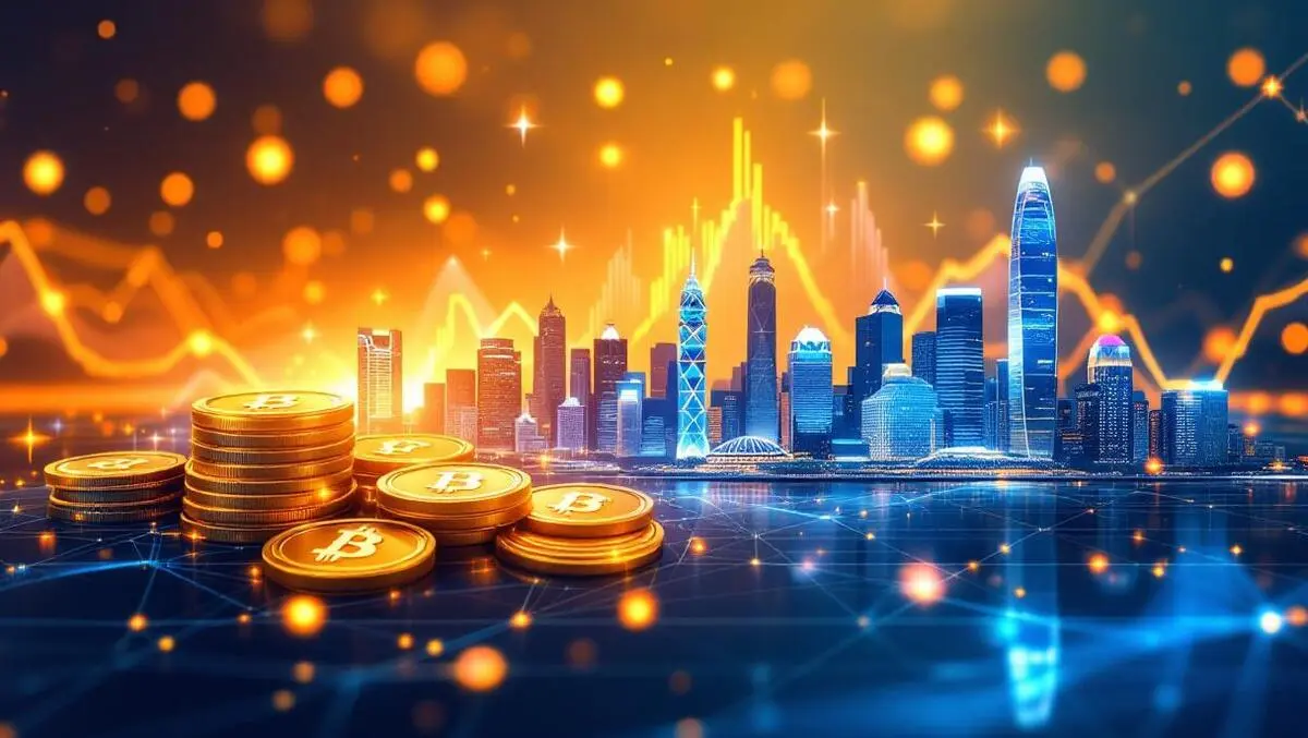 Digital coins financial graphs connecting singapore hong kong skyline crypto defi asia