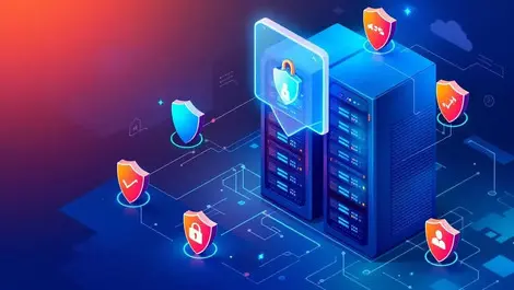 Secure server room with racks of servers and shield icons for data security