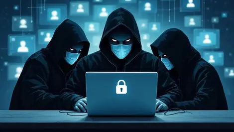 Realistic illustration cyber intrusion digital locks shadowy figures masks east asian facial features