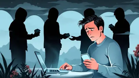 Worried new zealander checking phone shadowy figures exchanging money cybercrime scam nz