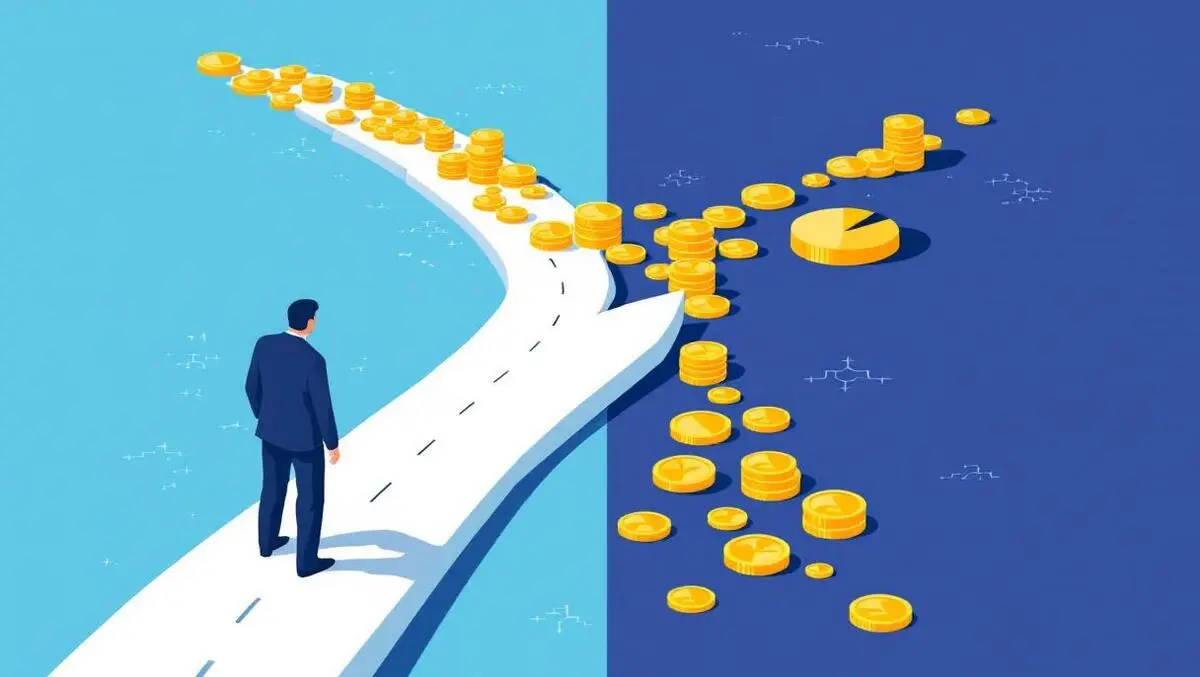 Businessperson choosing between cash coins and equity pie charts decision