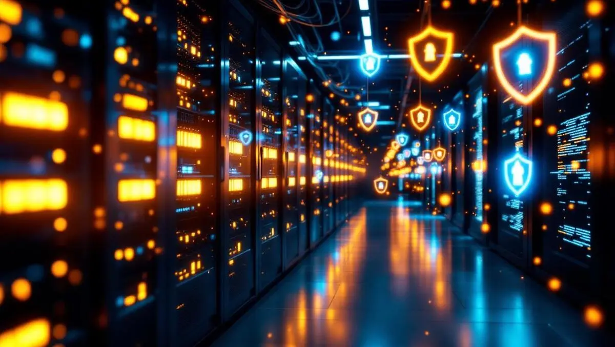 Modern data center glowing servers network cables security shield icons energy efficient tech