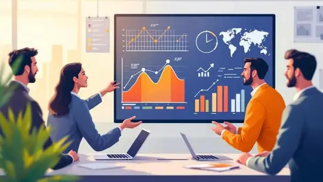 Business professionals collaborating digital dashboard rising charts automated workflow modern office