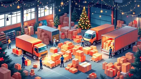 Bustling warehouse holiday season parcels sorting delivery trucks