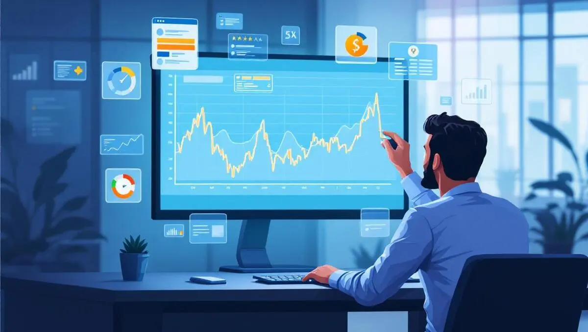 Financial analyst examining fluctuating graph lines credit ratings risk assessment modern office