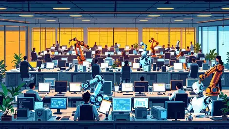 Modern office ai robots and employees showing uneven automation impact