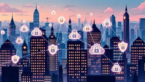 Secure digital network connecting city buildings cloud icons locks british cityscape