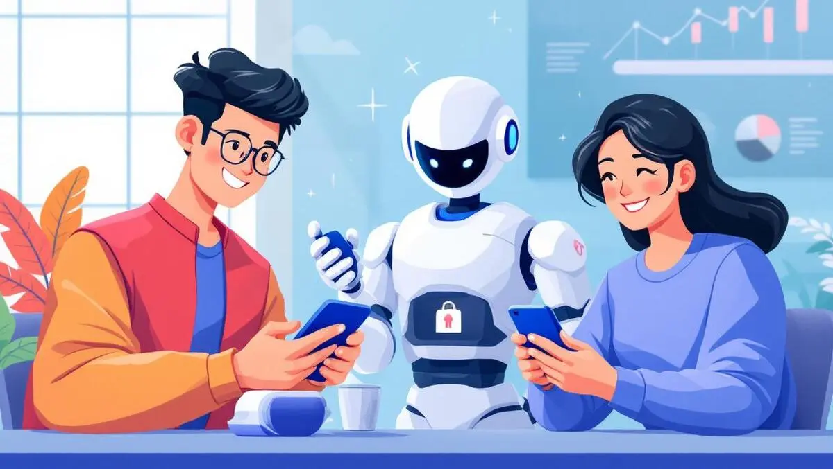 Cheerful asian customers using smartphones digital banking friendly robot assistant modern fintech