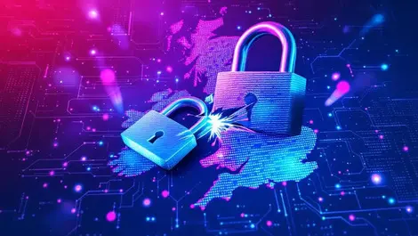 Illustration large padlock breaking digital map uk data breach cyber attack