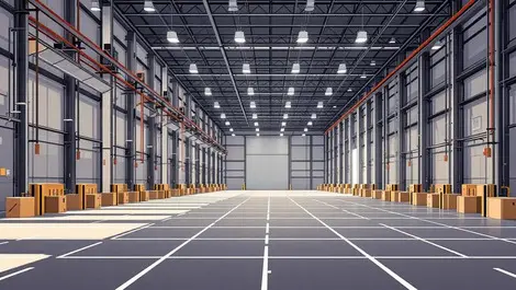 Large empty warehouse interior high ceilings wide open floors columns loading bays