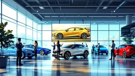 Realistic illustration canadian car dealership showroom digital cars 3d models tablets