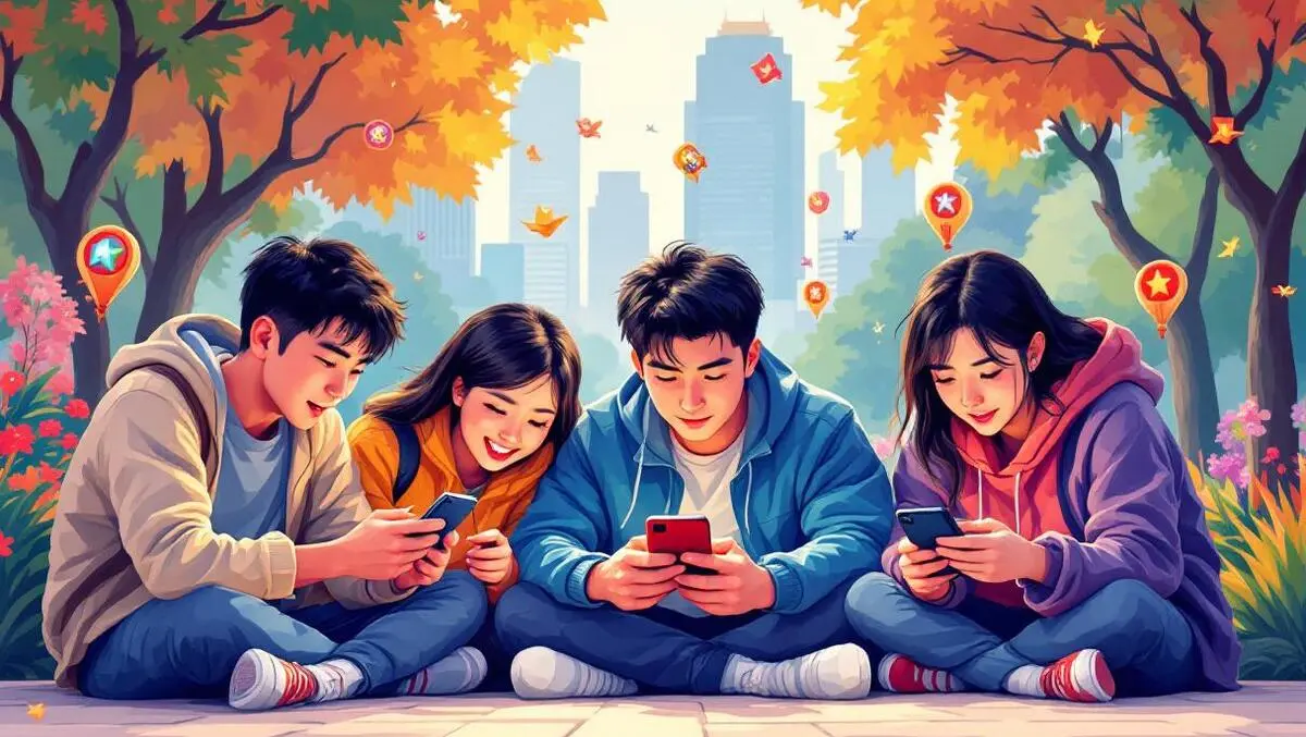 Young chinese people focused on mobile gaming colorful icons urban park