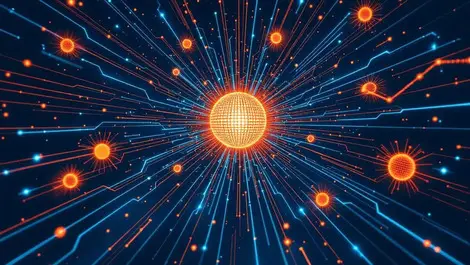 Abstract digital hub with interconnected lines and broken connections symbolizing global network disruption