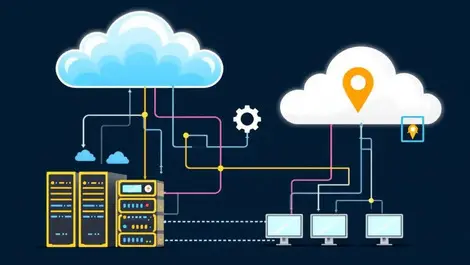 Illustration hybrid cloud infrastructure servers monitors data center cloud icons