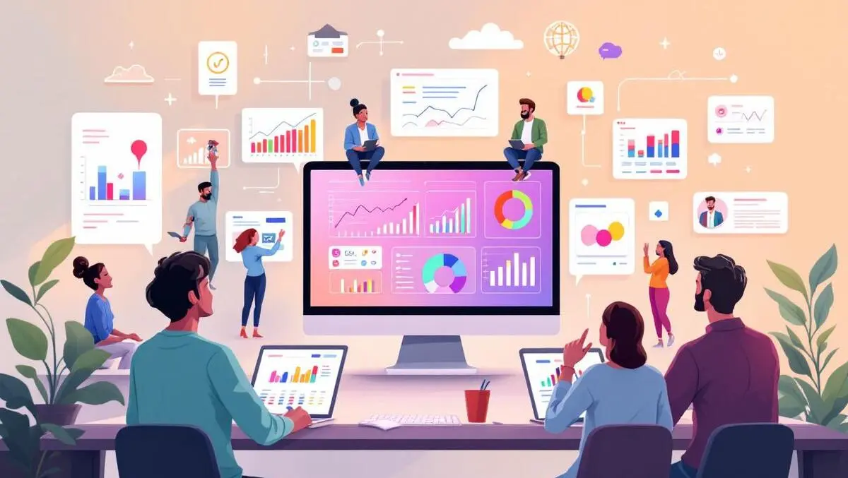 Central computer dashboard colorful data charts happy people digital engagement sectors