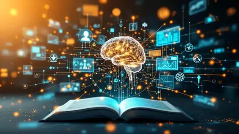 Digital network open books scientific symbols ai brain advanced analysis