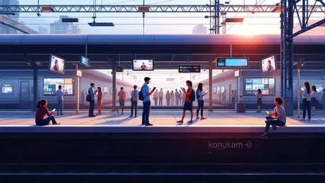 Modern konkan train station platform people smartphones tablets digital screens wireless connectivity