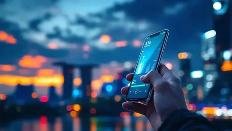 Modern smartphone showing full 5g signal bars singapore skyline background