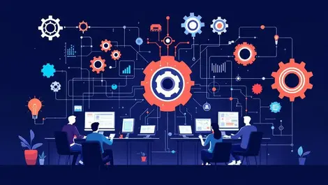 Team of developers collaborating around computer screens with ai automation