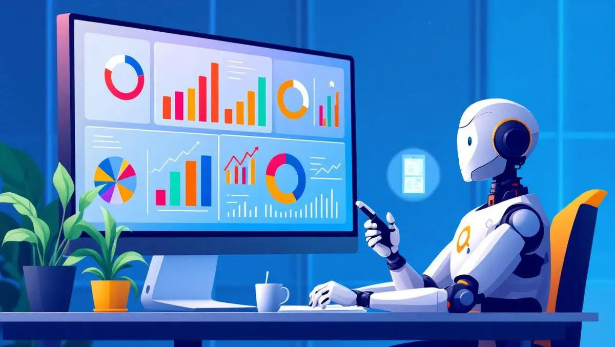 Business professional analyzing colorful data charts robot assistant ai procurement