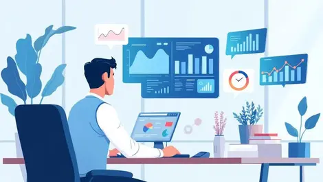 Business professional interacting with ai assistant in modern office with charts