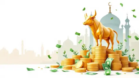 Golden bull on coins surrounded by green cash mosque silhouette shariah compliant investment growth