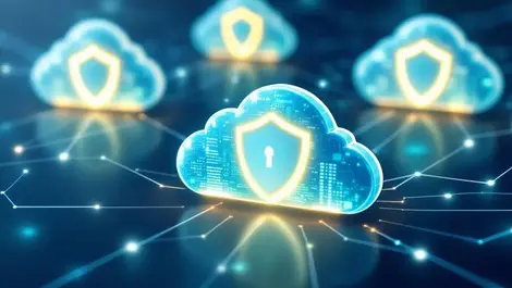 Interconnected cloud servers glowing secure shield symbols protected data flow