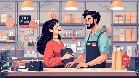 Australian shopper interacting with friendly customer service at black friday sale