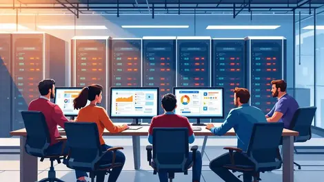 Modern office workspace computer screens collaboration discussion server racks