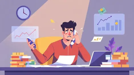 Stressed entrepreneur cluttered desk phone financial documents fast clock cash charts