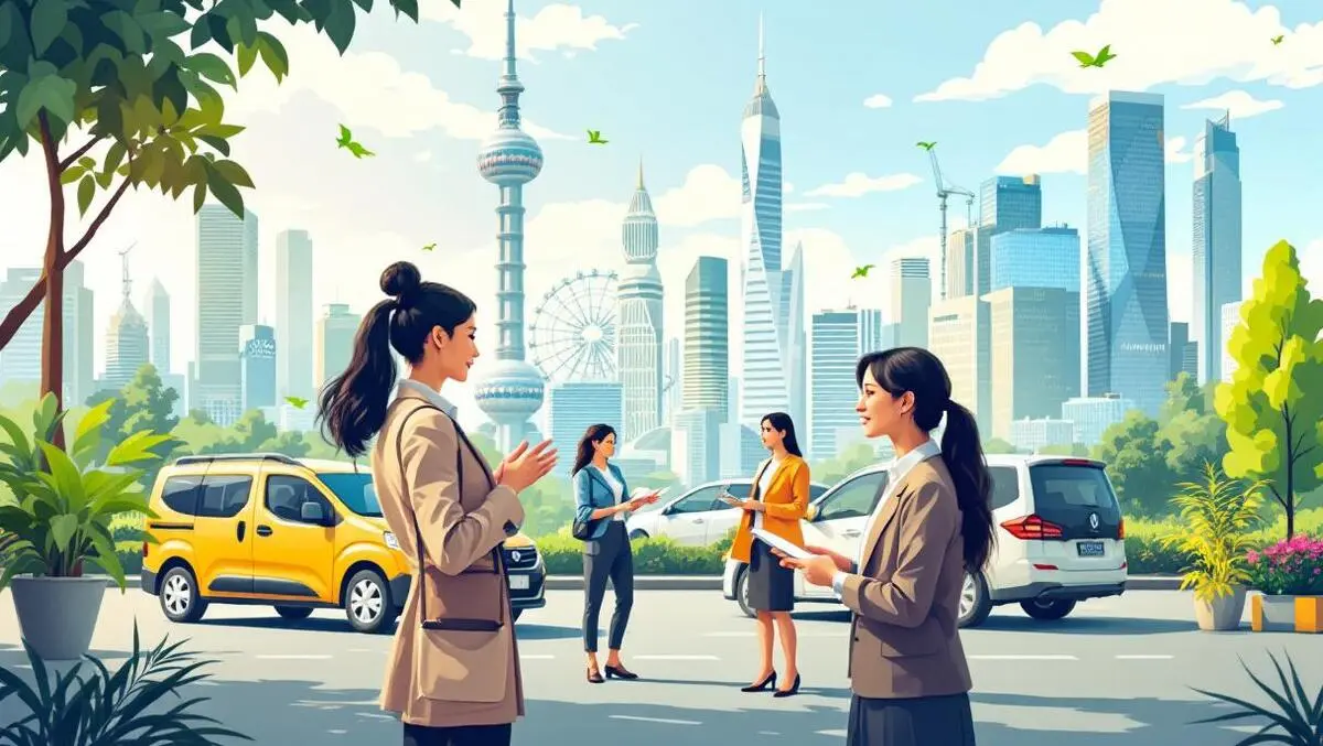 Women leaders discussing ai sustainability vehicles green tech asia pacific cityscape