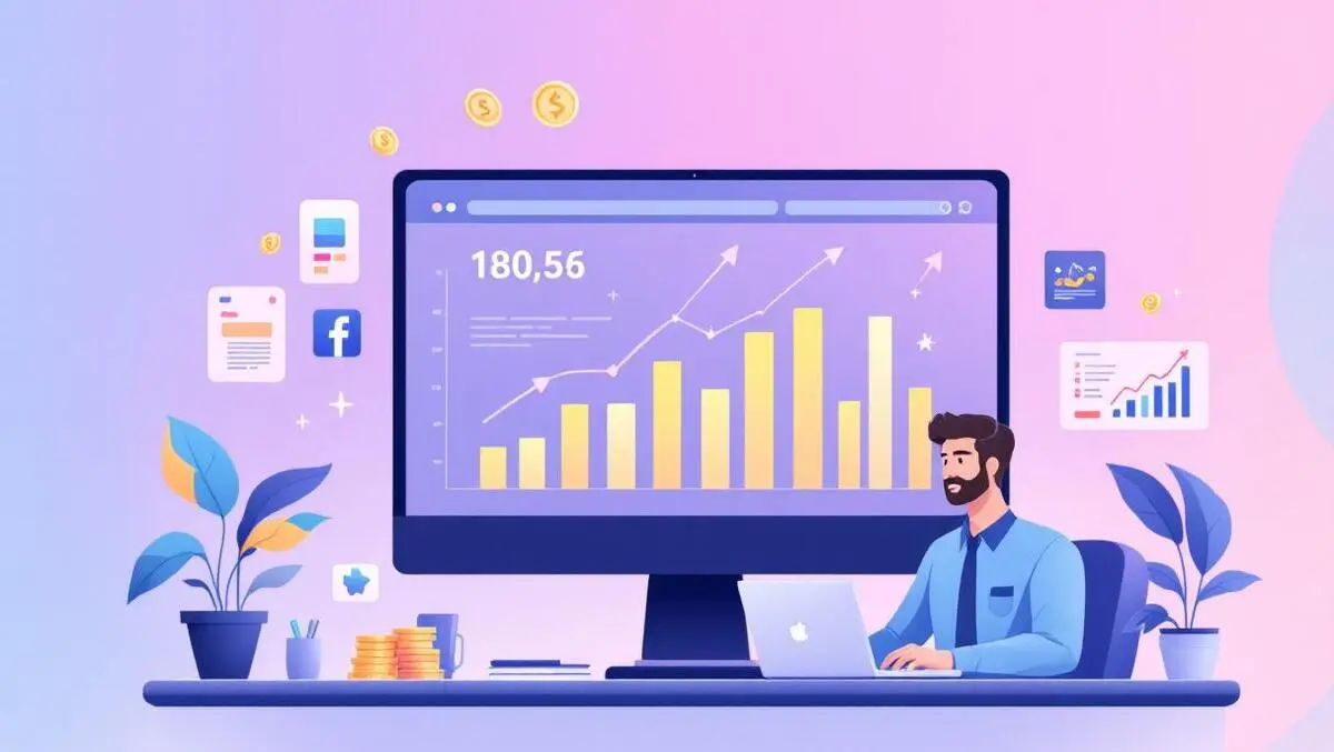 Marketing dashboard roas coins charts analyst laptop mobile ads