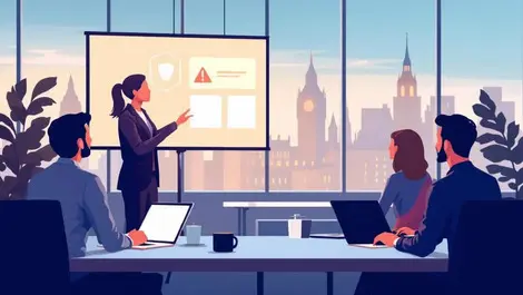 Uk office cybersecurity training session presenter shield warning