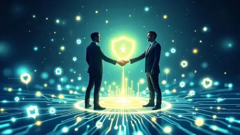 Business partners shake hands over ai cloud of shield icons