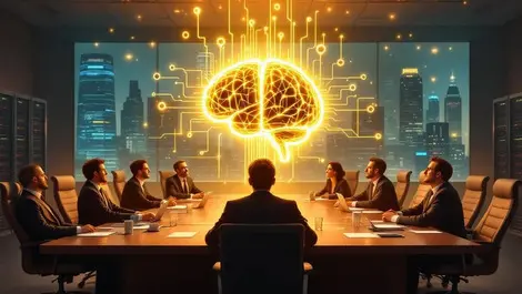 Ceos boardroom glowing brain circuit bursting market bubbles city